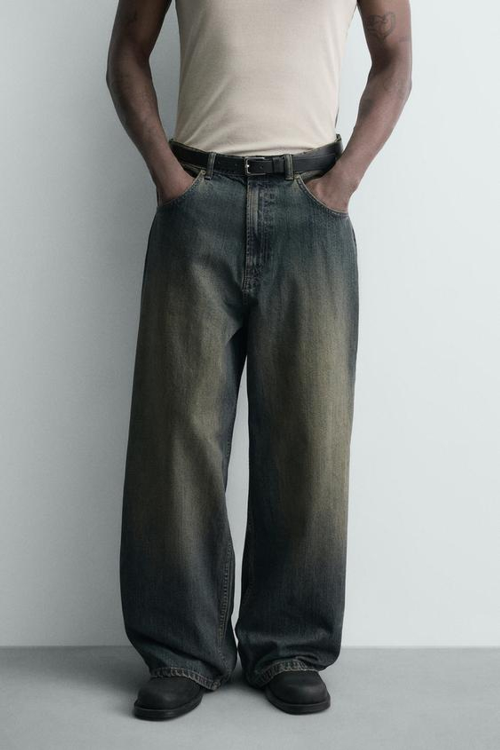 ZARA ДЖИНСЫ BAGGY FIT С РАЗРЕЗАМИ, ЗЕЛЕНОВАТО-СИНИЙ