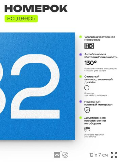 Номер на дверь 932, табличка на дверь для офиса, квартиры, кабинета, аудитории, склада, голубая 120х70 мм, Айдентика Технолоджи