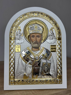 Николай Чудотворец, икона арочная, белое дерево 105х140