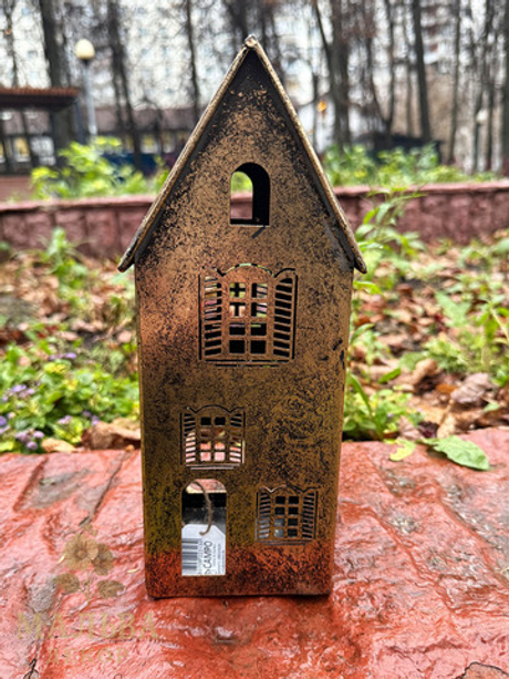 Подсвечник "Домик" средний античное золото 11,5x11,5xH26 см