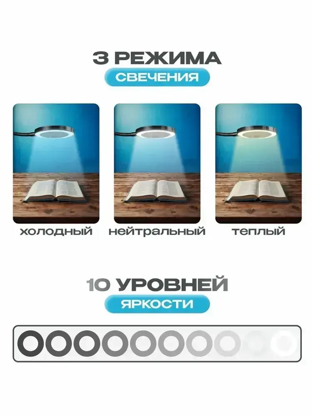 Лампа лупа с подсветкой настольная на прищепке для чтения, маникюра, рукоделия, пайки