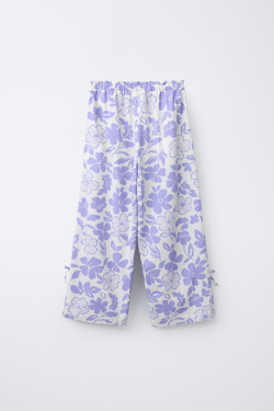 ZARA БРЮКИ ПРЯМОГО КРОЯ ИЗ СМЕСОВОГО ЛЬНА С ПРИНТОМ, ЭКРЮ/СИНИЙ