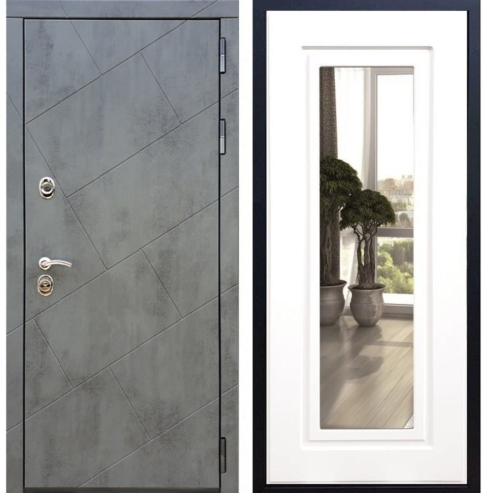 Входная металлическая дверь с зеркалом RеX (РЕКС) 22 Бетон темный / зеркало ФЛЗ-120 Силк сноу (белый матовый, без текстуры)