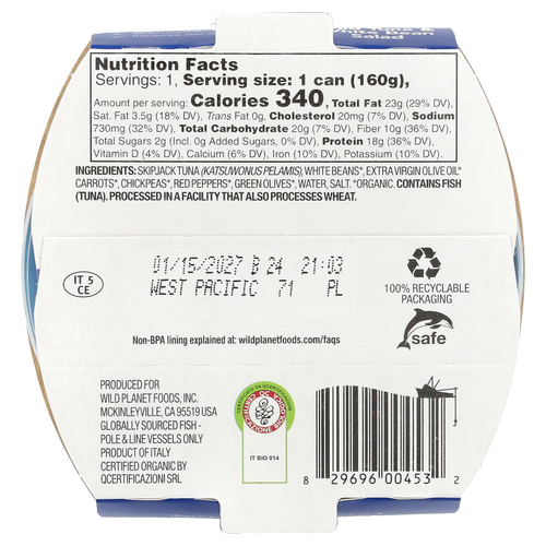 Wild Planet, Салат из белой фасоли с диким тунцом, 160 г (5,6 унции)