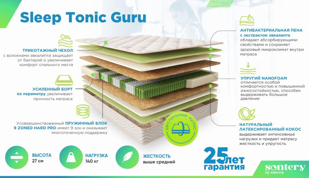 Матрас Sontery by Askona Slep Tonic Guru 90x200х27, среднежесткий/среднежесткий
