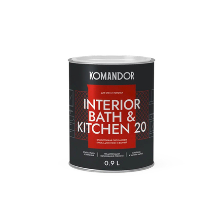 Краска интерьерная влагостойкая Komandor Interior Bath&Kitchen 20, полуматовая, база А, белая, 0,9 л