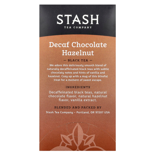 Stash Tea, Black Tea, шоколад без кофеина с фундуком, 18 чайных пакетиков, 36 г (1,2 унции)