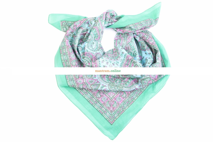 Платок материал Хлопок 100% "Сердечки Цветы" цвет зеленый розовый бирюзовый 95x95 см.