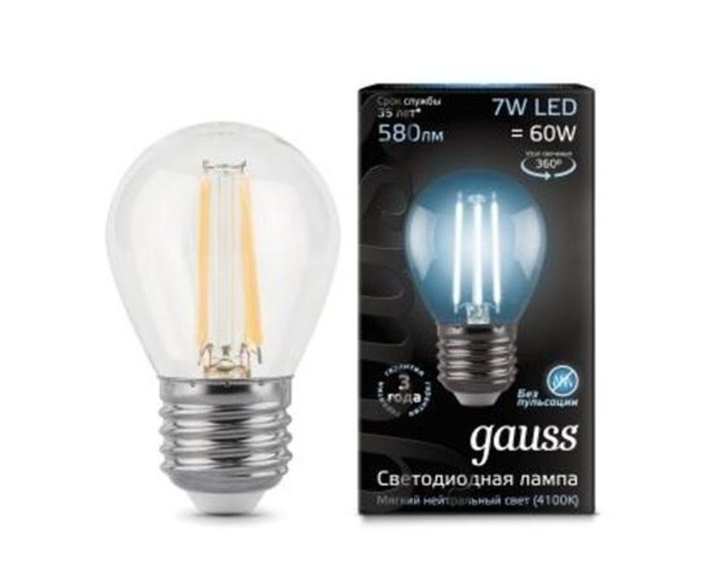 Лампа Gauss Filament Шар G45 E27 7W(580lm) 4100K 4K прозрачный 80x45 филамент (нитевидная), 105802207
