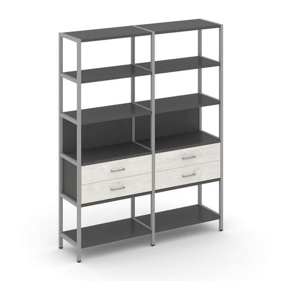 Shelf System Двухсекционный стеллаж пятиярусный с ящиками SN.STM-522 Антрацит/Дуб Наварра/Металл Сер