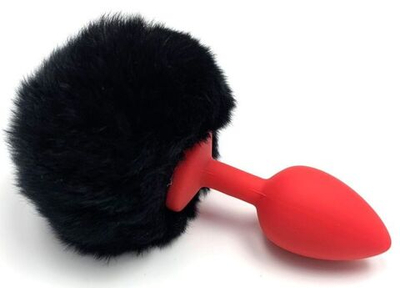 Красная анальная пробка с пушистым черным хвостиком зайчика (Цвет: черный)
