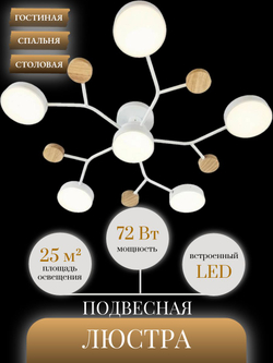 Люстра потолочная светодиодная Lanbos Tabs, 6 LED ламп, 72 Вт, до 25 кв м, белая