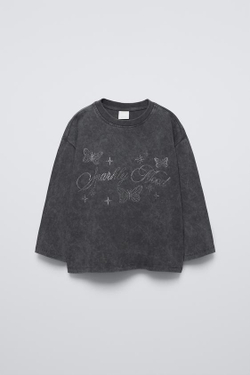 ZARA ФУТБОЛКА СО СТРАЗАМИ, АНТРАЦИТОВО-СЕРЫЙ