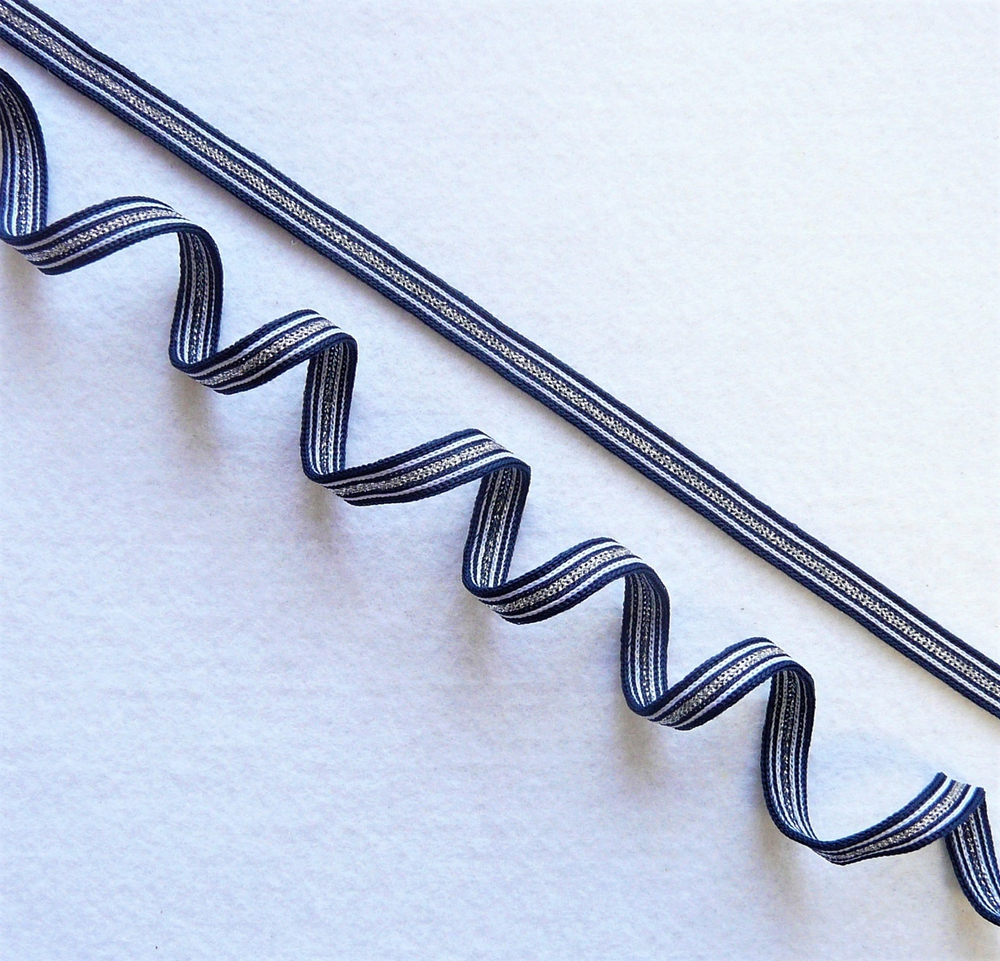 Лампасная лента (трикотажный, люрекс, 1,0 см). Т.синий/белый/серебро, ВО