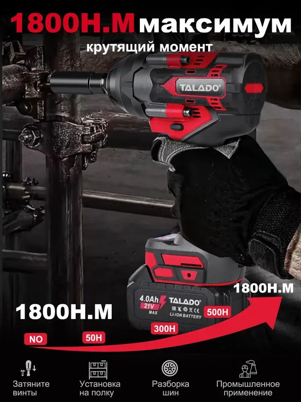 TALADO Гайковерт аккумуляторный ударный мощный 1800 Нм 21 В с 2 Li-ion аккумулятор 4Ач