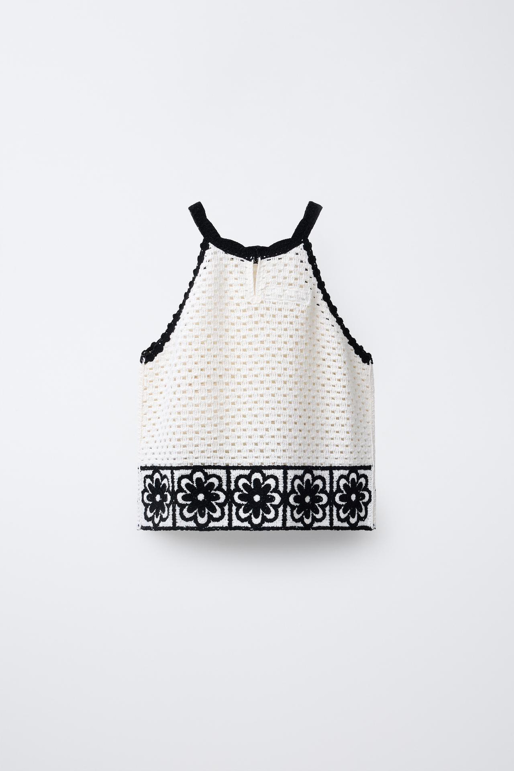 ZARA ВЯЗАНЫЙ КРЮЧКОМ ТОП С ВОРОТНИКОМ ХАЛТЕР И ЦВЕТАМИ, ЭКРЮ