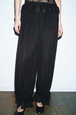 ZARA БРЮКИ-ШАРОВАРЫ С КРУЖЕВОМ, ЧЕРНЫЙ