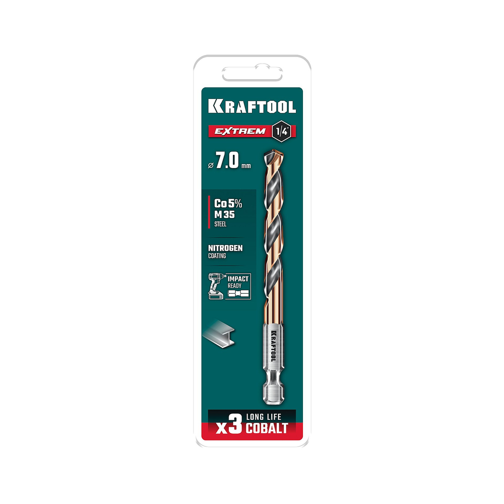 KRAFTOOL НЕХ-1/4″, d 7.0 х 109 мм, сверло по металлу для винтовёртов и шуруповертов IMPACT READY (29652-7)