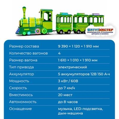 Аттракцион паровозик на колёсах «Лаймовый рейс», 4 вагона, 20 мест