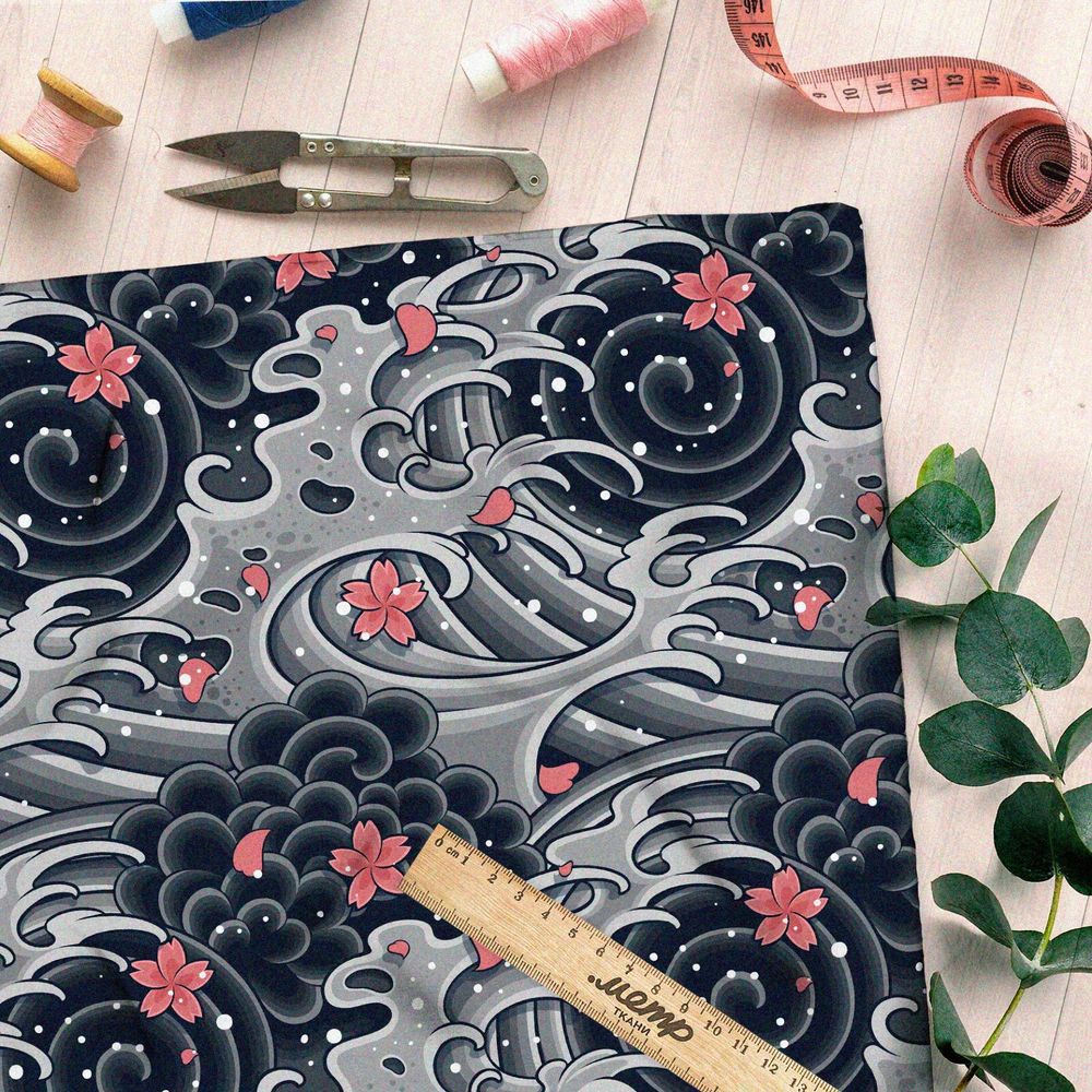 Ткань атлас мрачное море и сакура