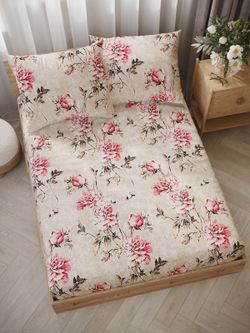 Постельное белье перкаль Сказка "Пионы винтаж" евро Наволочка 50х70 см 2 шт Простынь на резинке 180x200 см Пододеяльник 200x215 см