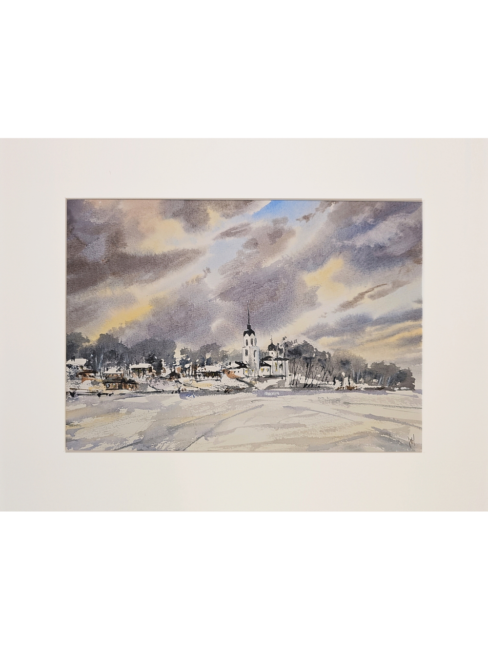 Картина авторская акварельная в паспарту 30х40 см на стену для интерьера "Февральский закат на Талабах"
