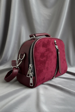 Сумка женская из экокожи с вельветом бордовая QOZA