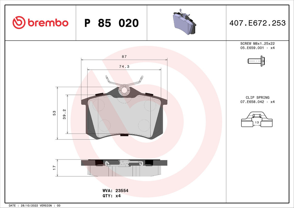 BREMBO - P85020-BRB - Brake Pad Set, disc brake