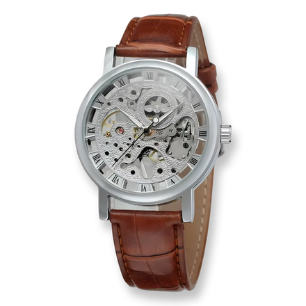 Часы наручные механические на кожаном ремешке, серебристый/коричневый W9022140-03