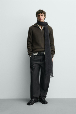 ZARA ДЖЕМПЕР ВЯЗАНЫЙ ЖЕМЧУЖНЫМ УЗОРОМ С ВОРОТНИКОМ НА МОЛНИИ, ШОКОЛАДНЫЙ