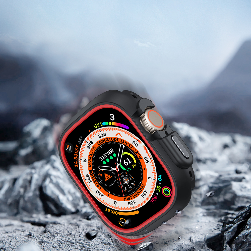 Чехол-бампер для часов Apple Watch Ultra 1 и 2 размер 49мм, черный с красной вставкой (Black/Red) от Dux Ducis, серия Bamo Series Case