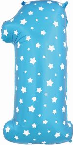 Шар (40"/102 см) Цифра, 1, Звездочки, Голубой, в упаковке 1 шт.