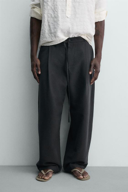 ZARA БРЮКИ BALLOON FIT С ЗАЩИПАМИ И ПОЯСОМ, ЧЕРНЫЙ