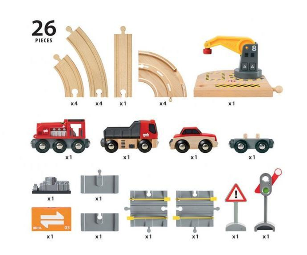 BRIO Железная дорога с краном и автодорогой, 26 элементов