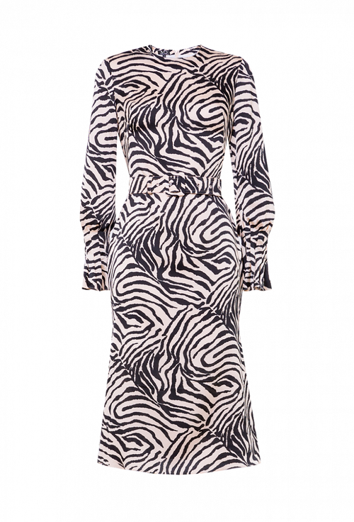 Платье шёлковое, юбка-годе бежевое с черным рисунком 04-06-22 SS