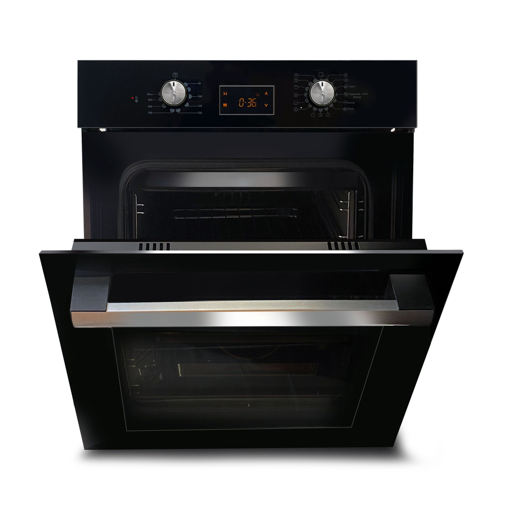 Электрический духовой шкаф встраиваемый GINZZU HOE-215 61л, 13 программ, черный с каталитической очисткой и дисплеем, конвекция, гриль