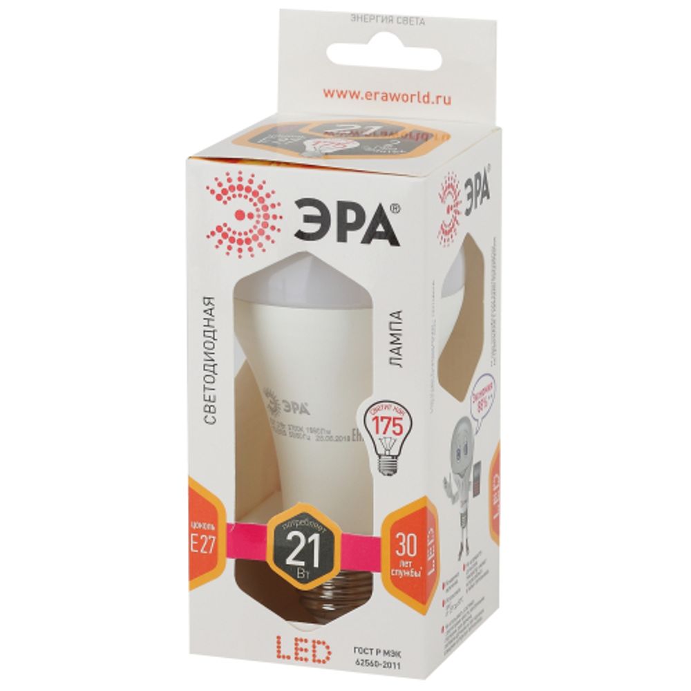 Лампа светодиодная ЭРА STD LED A65-21W-827-E27 21Вт груша теплый белый свет Е27 | Лампы cветодиодные Груша (A)