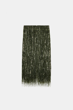 ZARA ЮБКА С БАХРОМОЙ И ПАЙЕТКАМИ ZW COLLECTION LIMITED EDITION, ЗЕЛЕНЫЙ