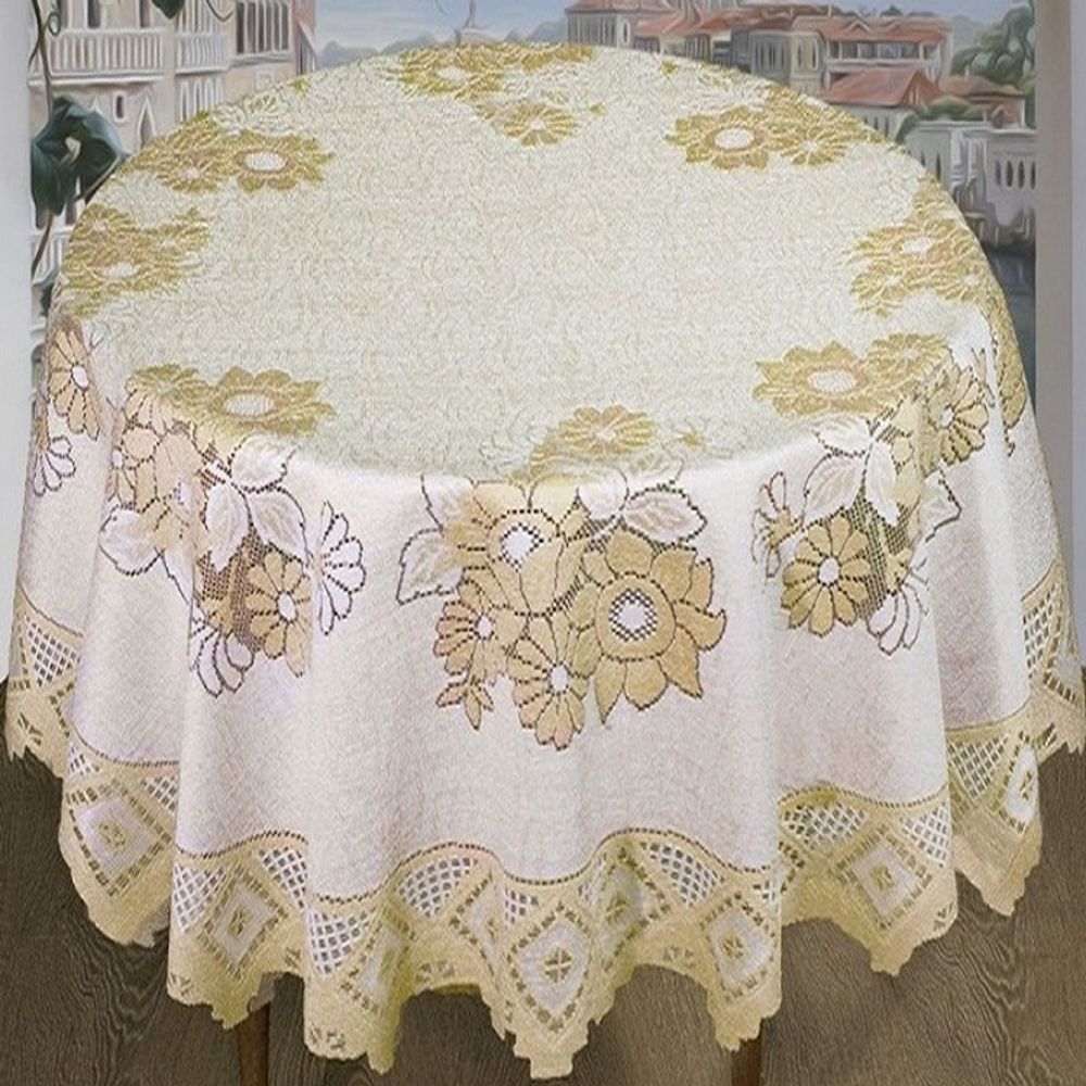 Скатерть жаккардовая круглая, цвет кремово-золотистый, Польша. Скатерть жаккардовая круглая, цвет кремово-золотистый, Польша.