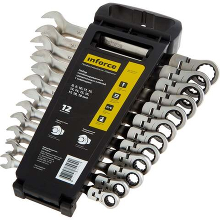Набор комбинированных шарнирных ключей с трещоткой 12 предметов Inforce, Сталь Cr-V, 8-19мм, 06-05-51