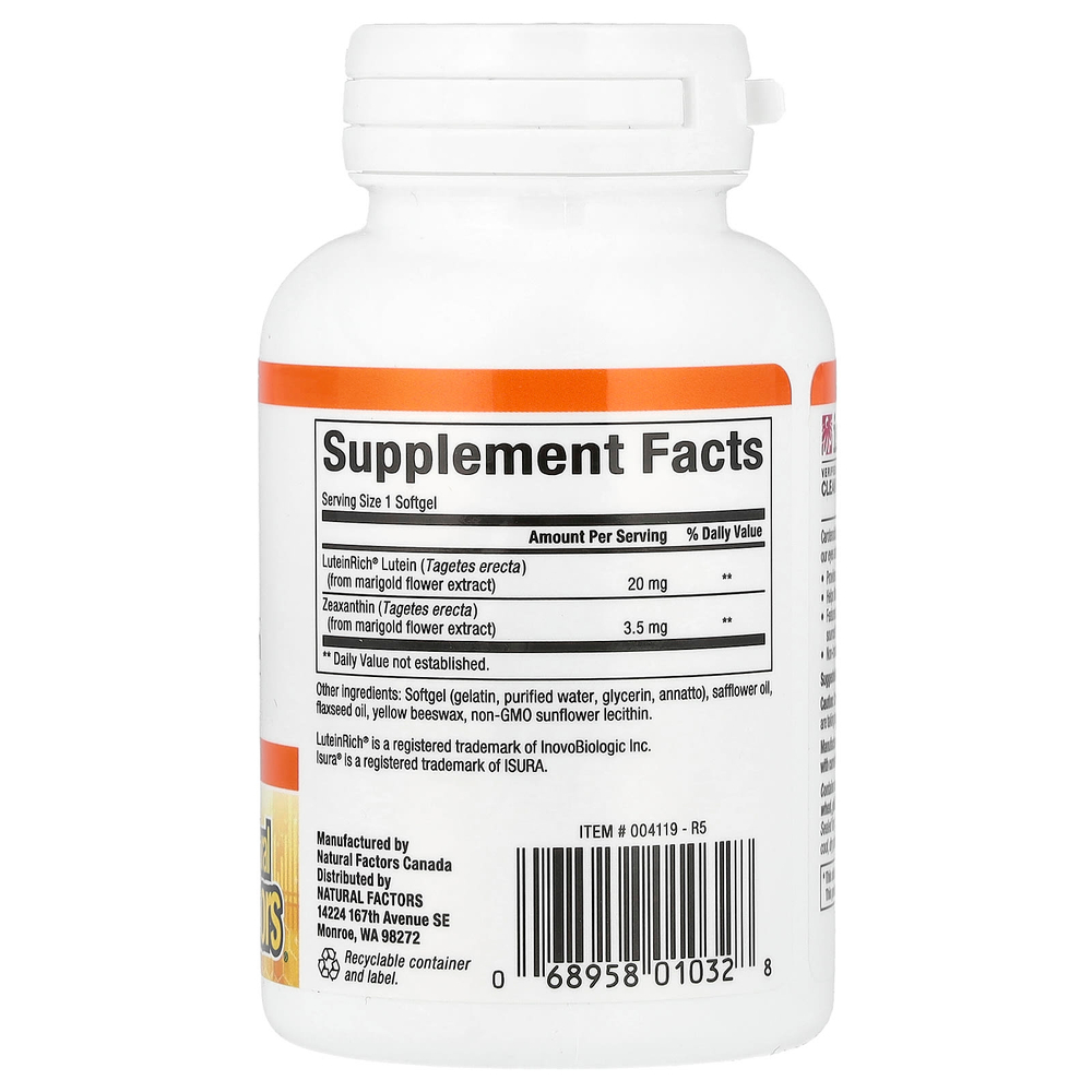Natural Factors, лютеин, 20 мг, 60 капсул