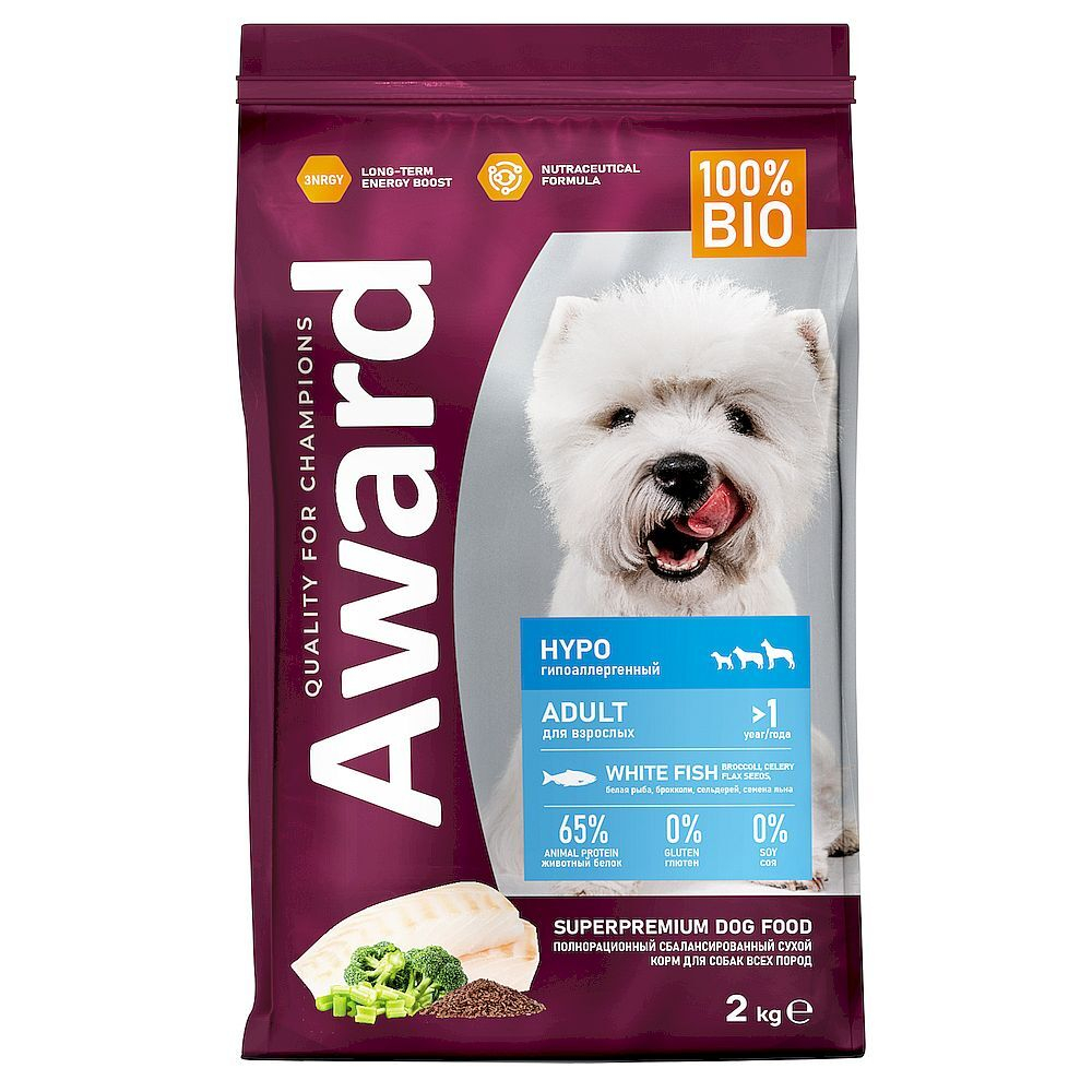 1AWARD HYPO для собак всех пород с белой рыбой с добавлением брокколи, сельдерея и семян льна 2кг