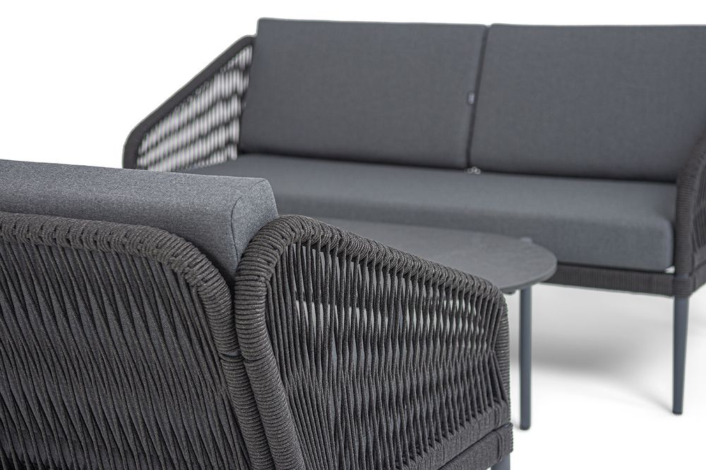 "Канны" лаунж-зона 4-местная (разборная) из роупа со столиком "Диего" цвета "серый гранит", роуп темно-серый круглый, ткань темно-серая