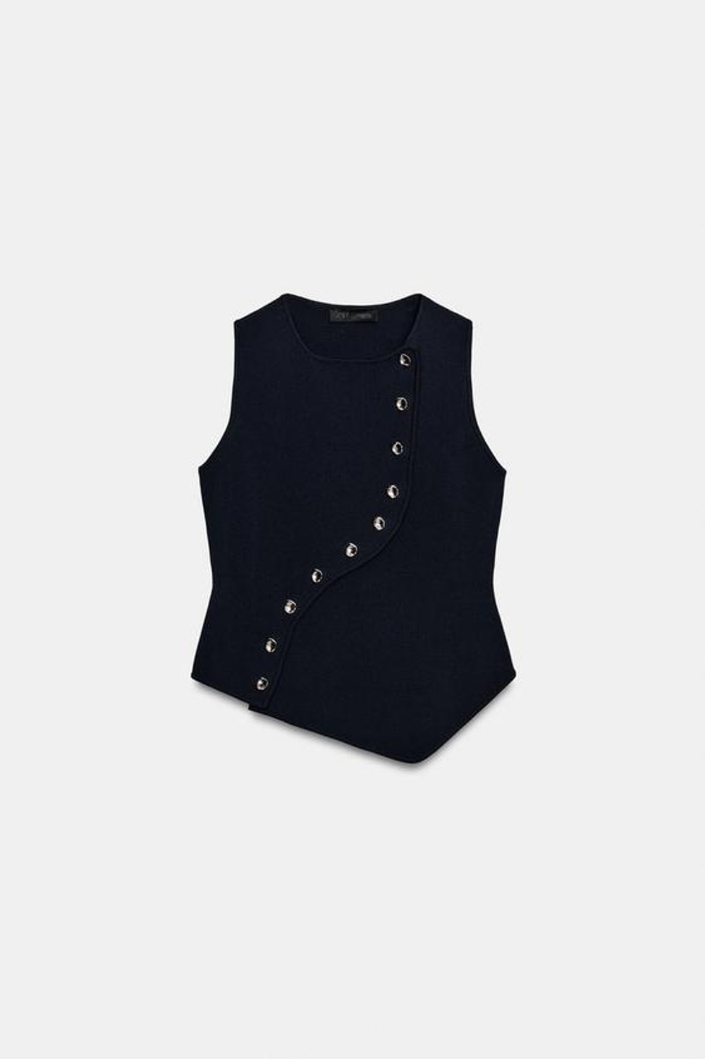 ZARA ТРИКОТАЖНЫЙ ТОП С АСИММЕТРИЧНОЙ ЗАСТЕЖКОЙ, МОРСКОЙ СИНИЙ