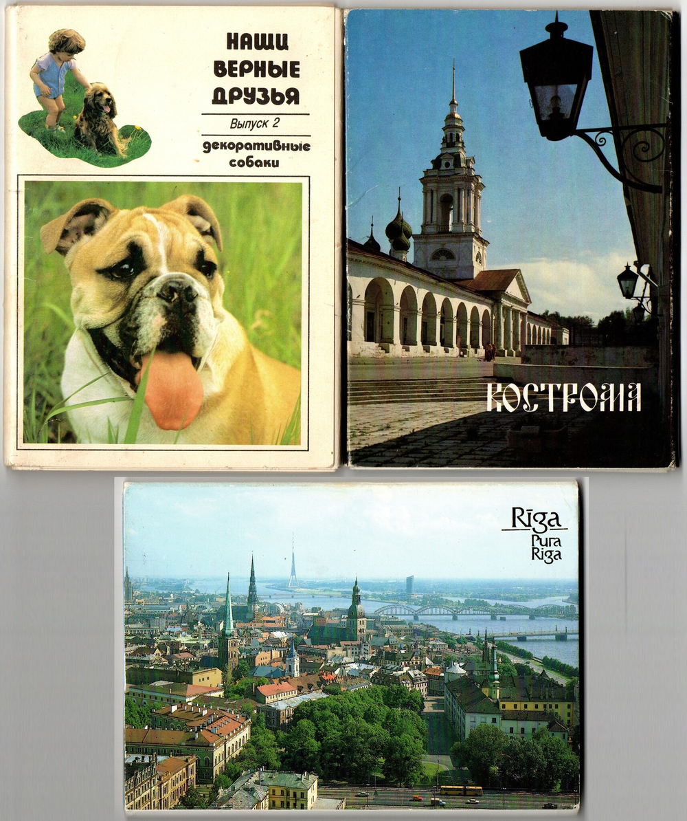 Наборы из 50 открыток СССР "Рига" 1989 год, "Кострома" 1984 год и "Наши верные друзья" - декоративные собаки 1991 год