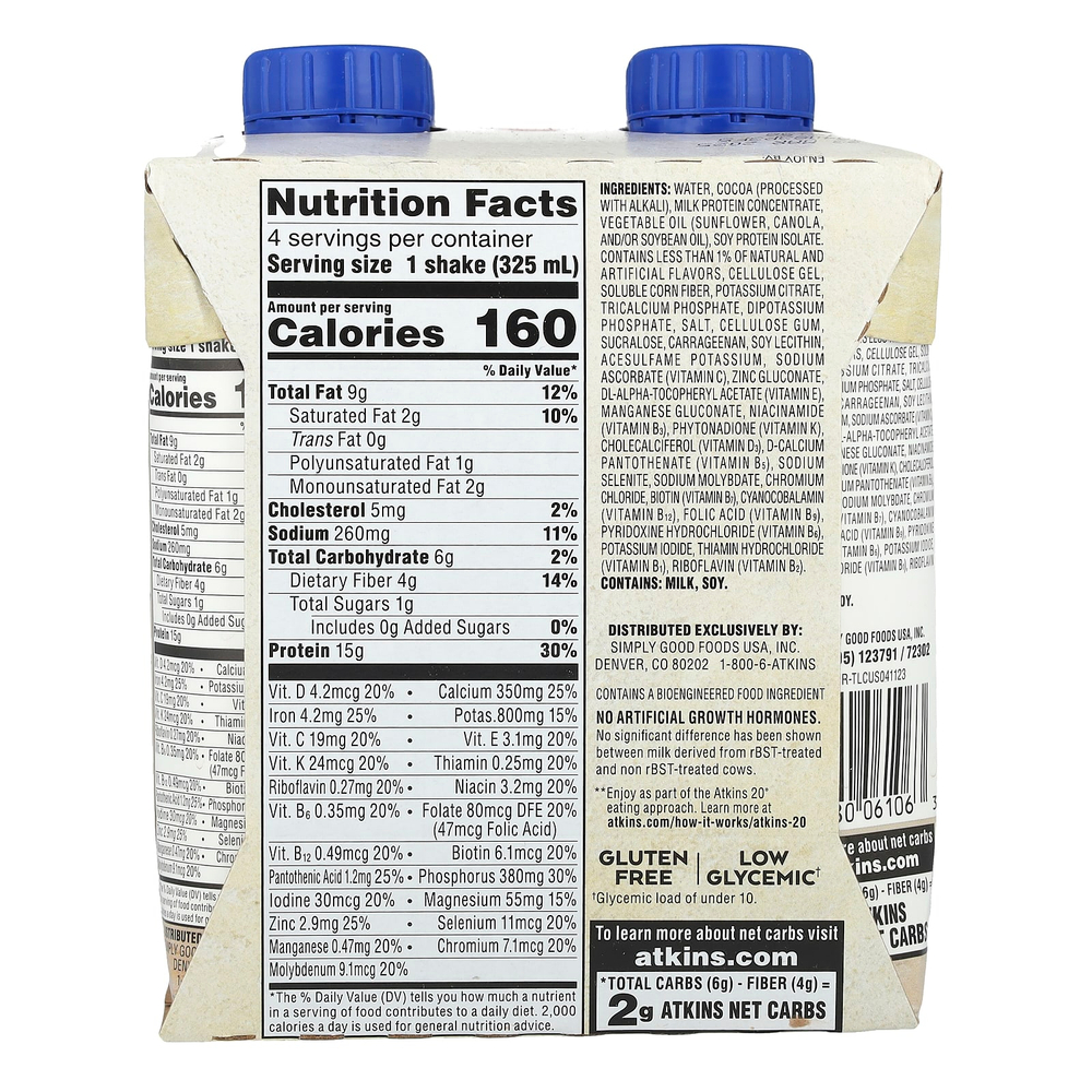 Atkins, Насыщенный протеином коктейль, королевский темный шоколад, 4 коктейля, 325 мл (11 жидк. унц.)