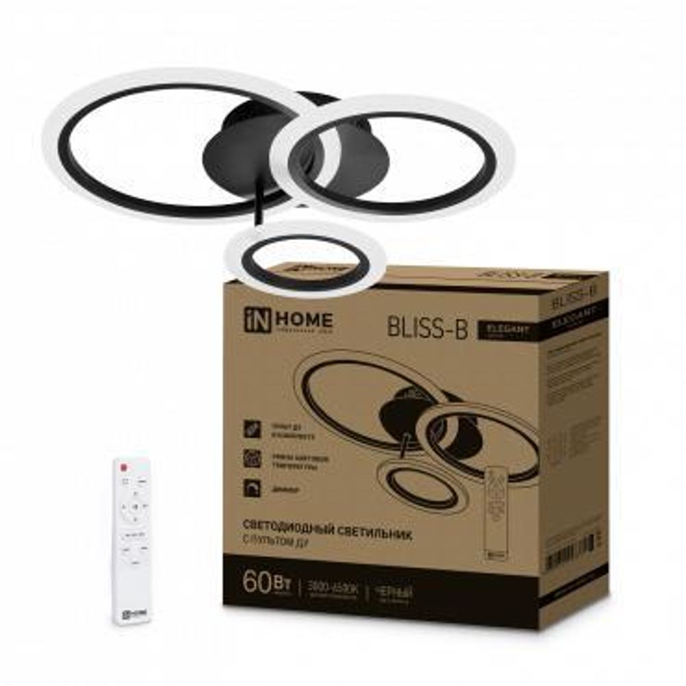 Светильник светодиодный ELEGANT BLISS-B 60Вт 3000-6500К 4700лм 230В 500х500х140мм с пультом ДУ черн. IN HOME 4690612043371 Светильник светодиодный ELEGANT BLISS-B 60Вт 3000-6500К 4700лм 230В 500х500х140мм с пультом ДУ черн. IN HOME 4690612043371