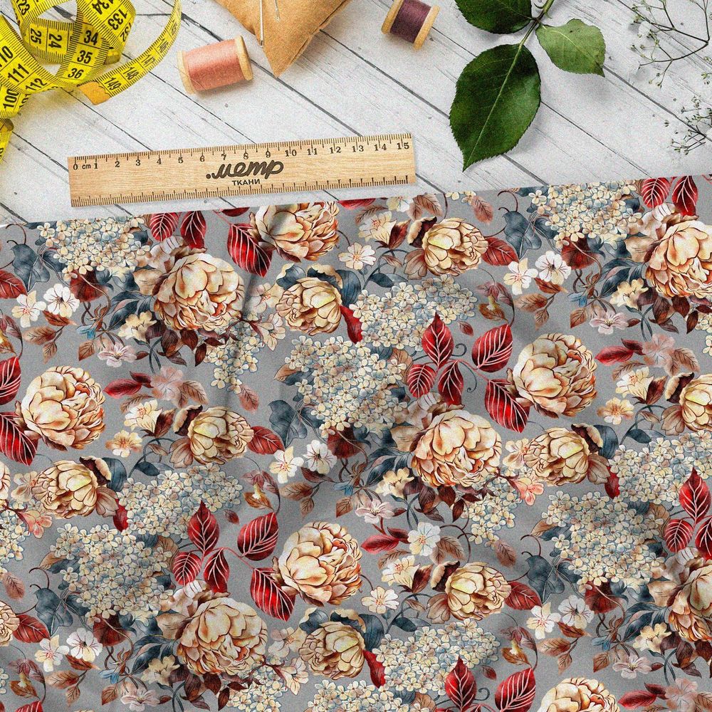 Ткань шифон цветы золотистые с красноватым