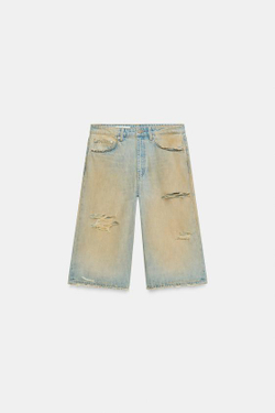 ZARA ДЖИНСОВЫЕ ШОРТЫ TRF BAGGY С РАЗРЕЗАМИ, ЛИНЯЛЫЙ СИНИЙ