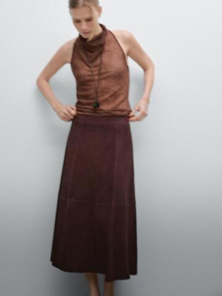 Massimo Dutti Расклешенная юбка из замши с декоративным швом, бордо